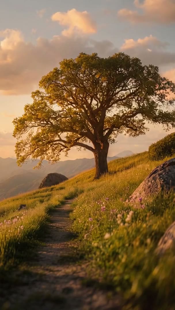 The hillside scene at golden hour