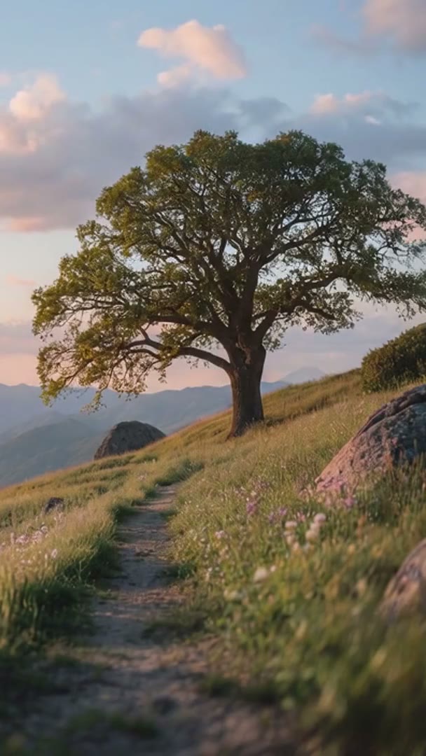 The hillside scene at dawn, soft rose light