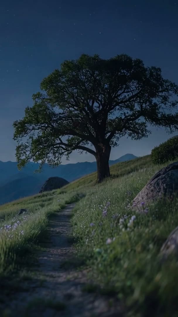 The hillside scene at night under stars