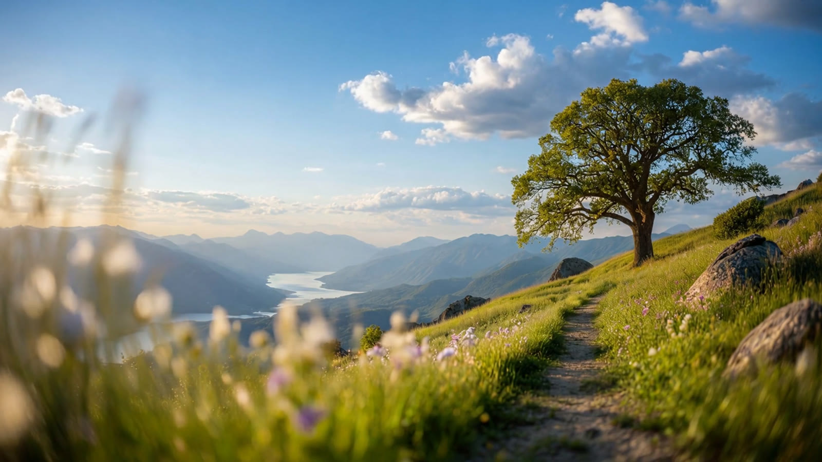 A dirt path on a grassy hillside leading to a single tree, mountains and a river valley behind it