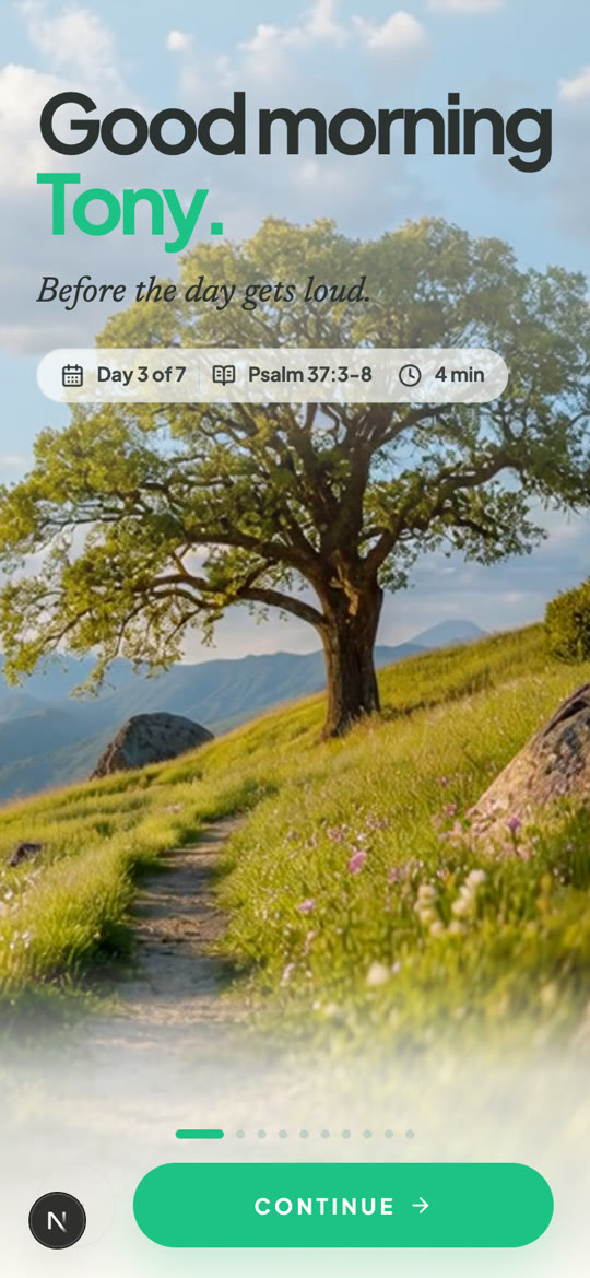 Zoe's morning greeting screen with the daylight scene behind it